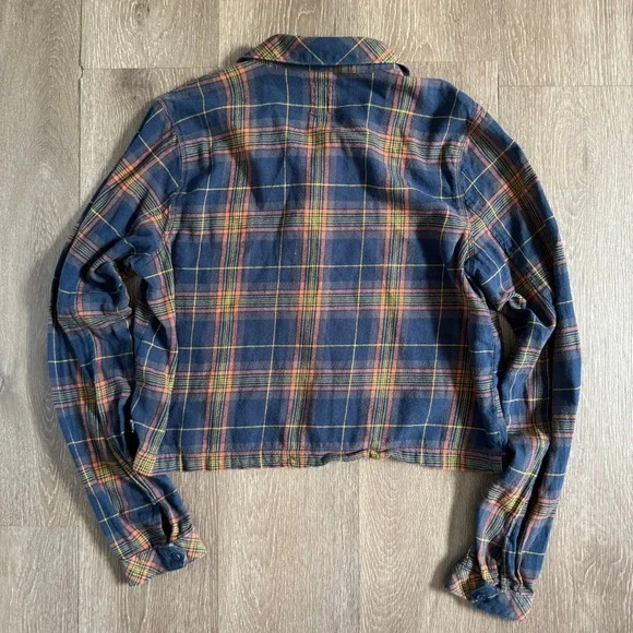 Vans Flannel Shirt Womens XL Navy Blue Orange Plaid Cropped Long Sleeve - Picture 7 of 8